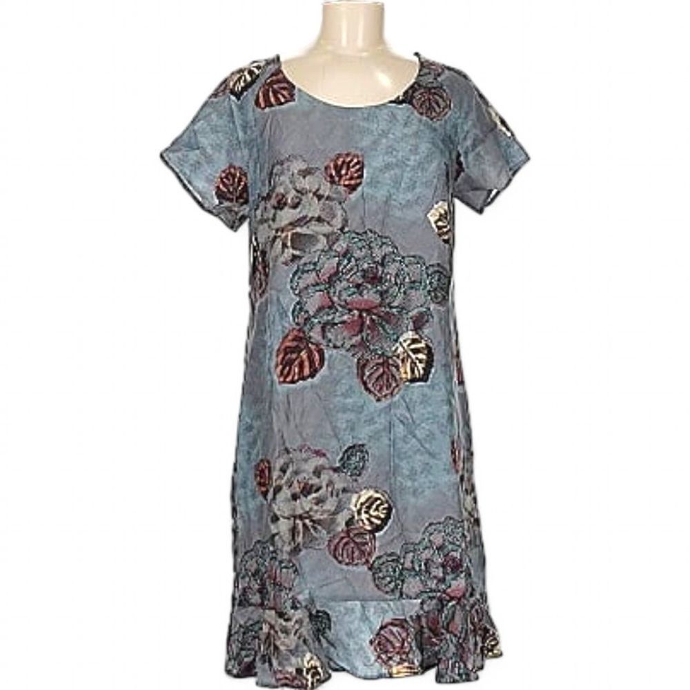 Garnet Hill Olivia‎ Silk Dress Gray Textured Floral Print Ruffled Hem Size 12